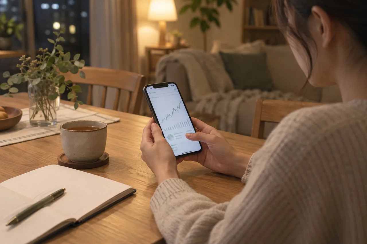子どもが寝たあとの夜、温かい照明の下でノートとスマートフォンを開く手元