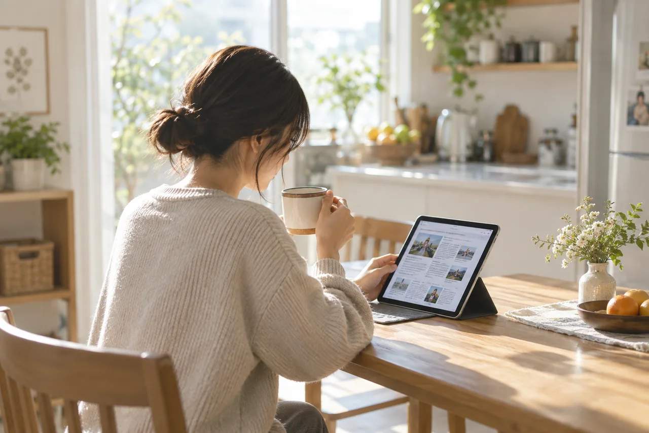 朝、コーヒーと一緒にニュースを読む女性の後ろ姿