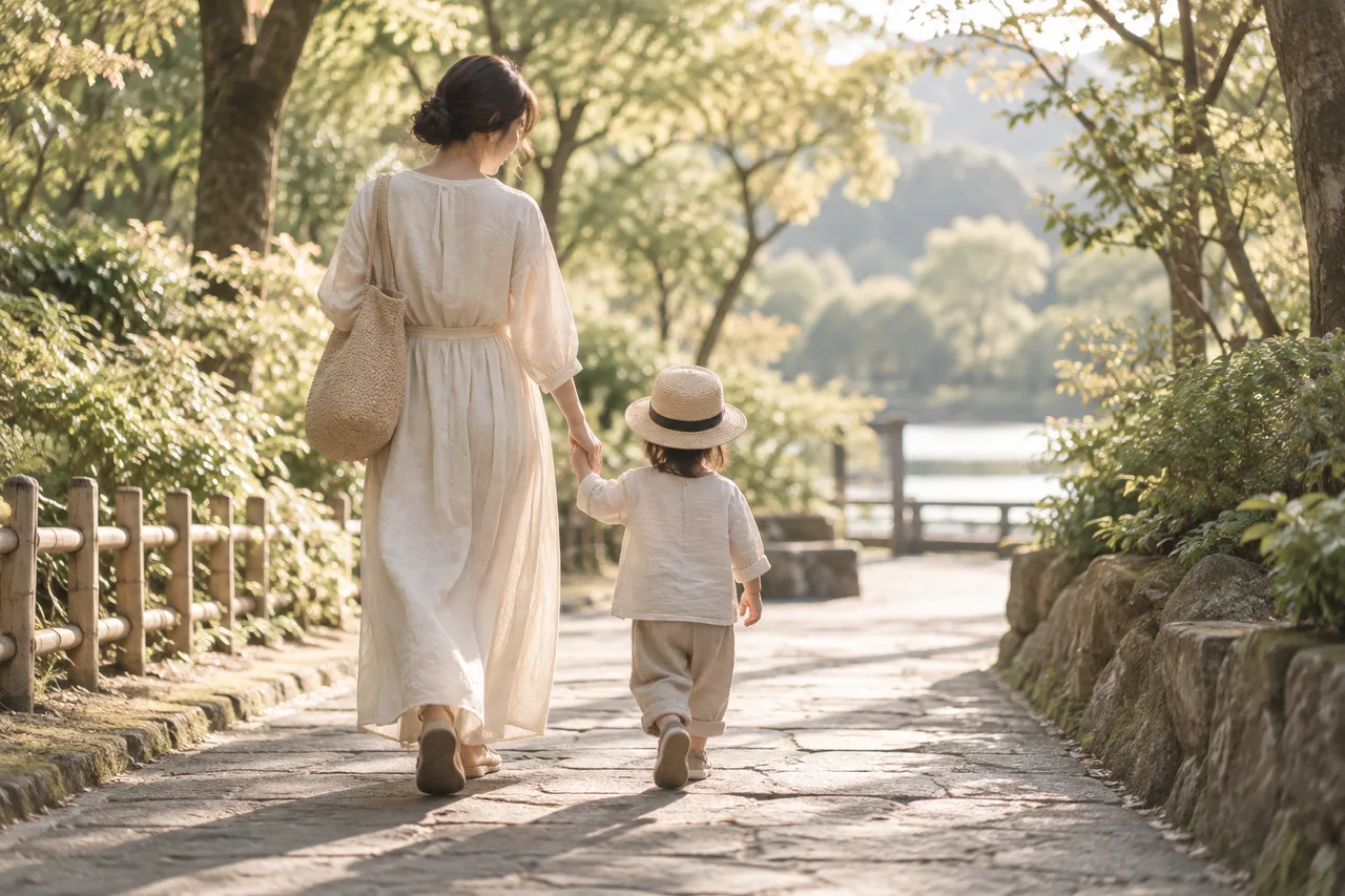 公園で手をつないで歩く親子の後ろ姿