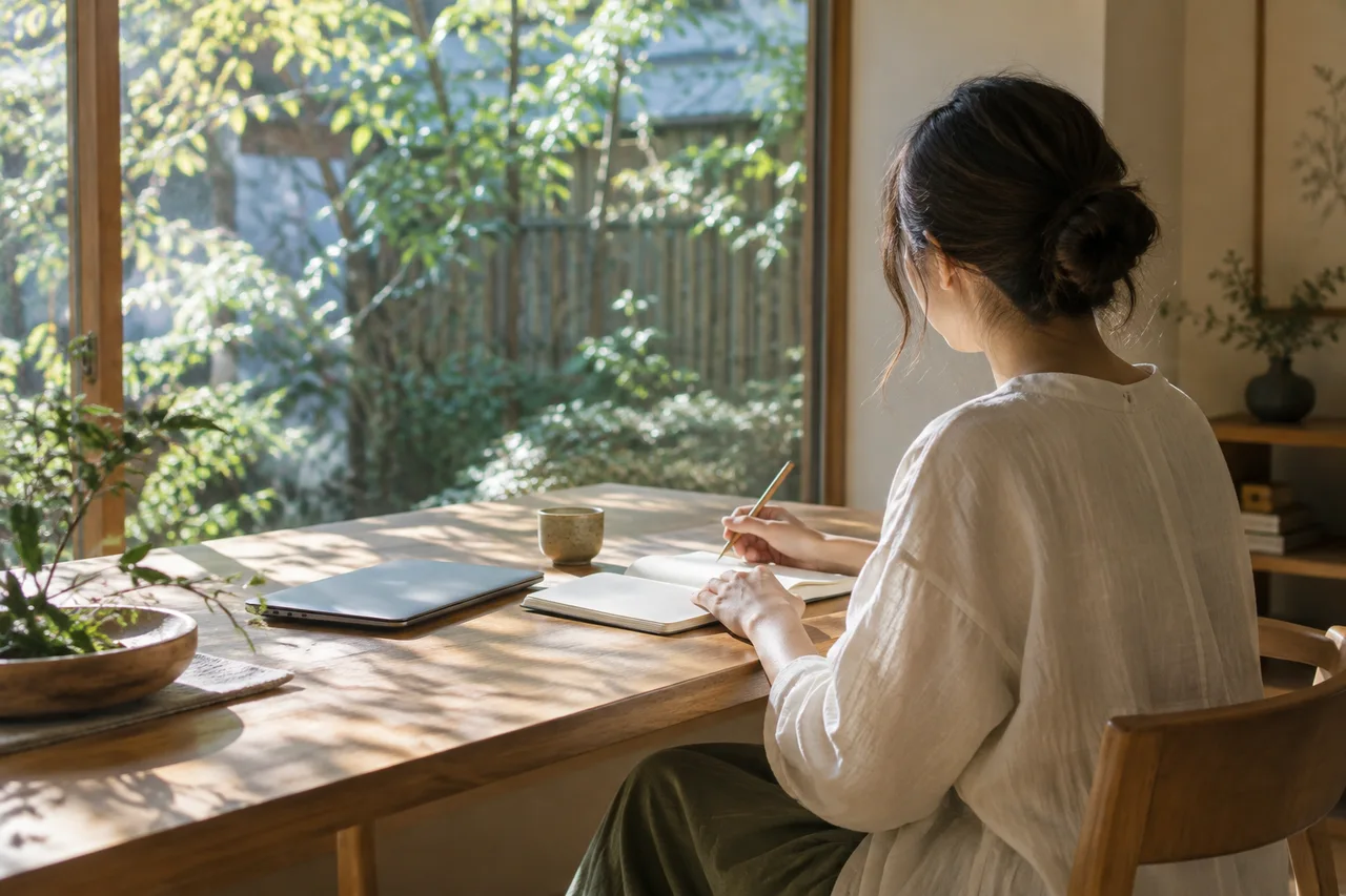 窓辺でノートを見返し、落ち着いて学ぶ女性の後ろ姿