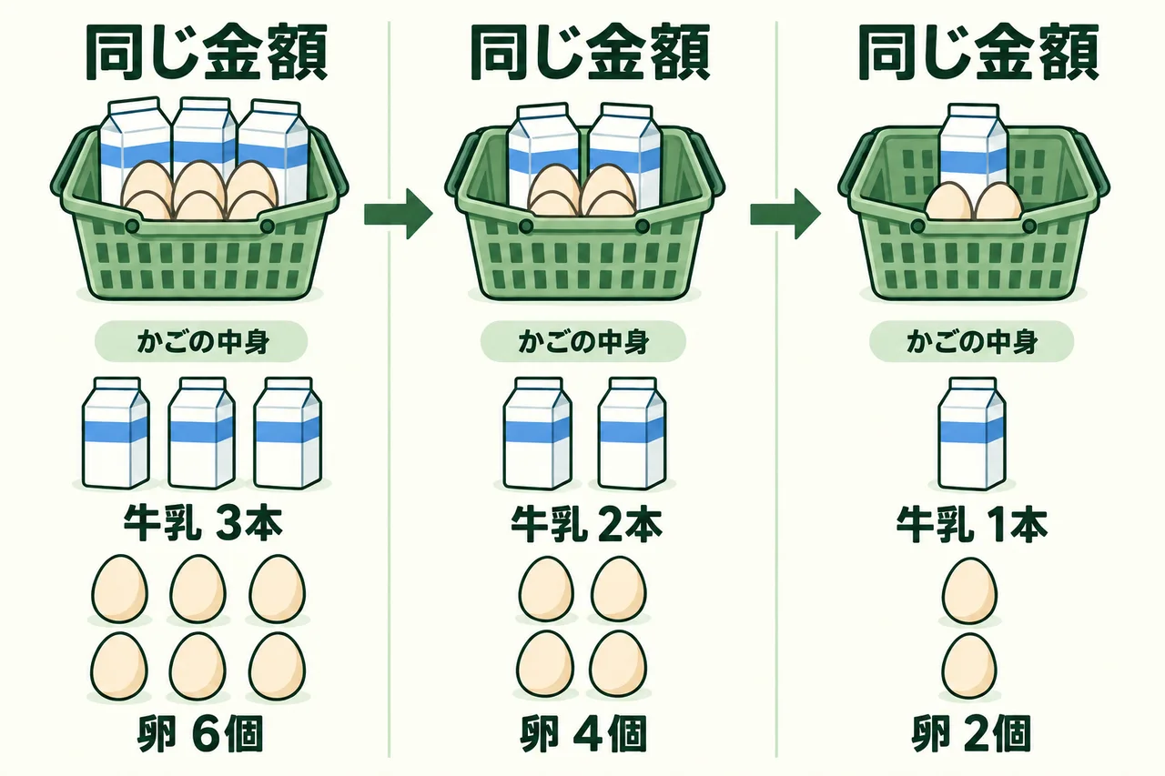 同じ大きさの買い物かごの中身が少しずつ減っていく概念図