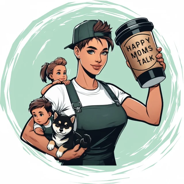 KiaoのHAPPY MOMS TALKロゴ。親子と豆柴のイラスト